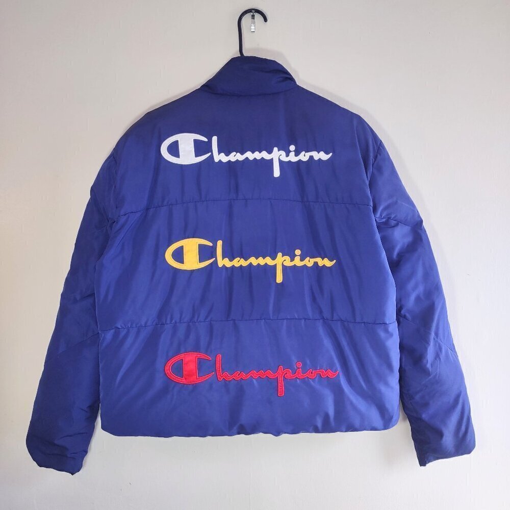 Champion Blue Script Crop Puffer Jacket Sporty Outdoor Streetwear Women's Large - Picture 5 of 11